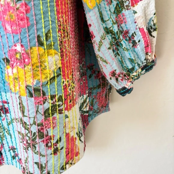 John Mark Multicolor patchwork kantha style Floral split neck 3/4 Sleeve Top - Picture 8 of 14